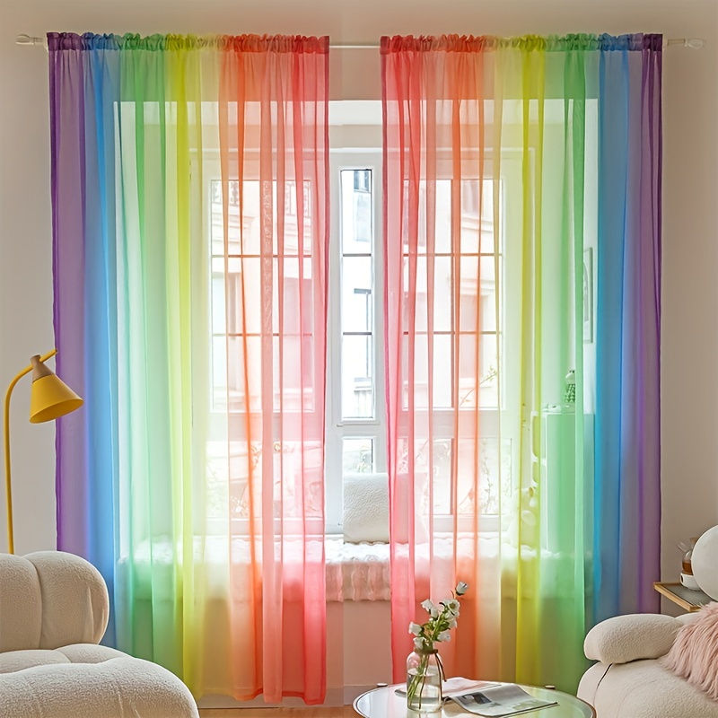 1pc Rainbow Colored Yarn Curtain, Colorful Window Treatment For Bedroom Office K