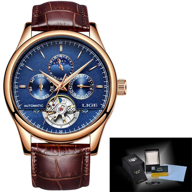 Thumbnail: New LIGE Tourbillon Watches 50M Waterproof Men Mechanical Watches Automatic Wris