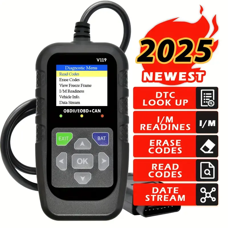 V119 OBD2 Scanner: Car Diagnostic Tool with Voltage Test & USB Power, Reads/Clea