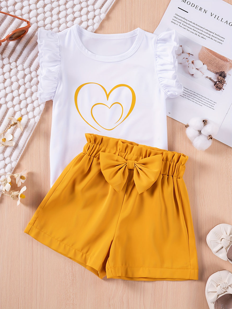 2pcs Toddler's Heart Print Casual Set, Cap Sleeve Top & Bowknot Decor Shorts, Ba