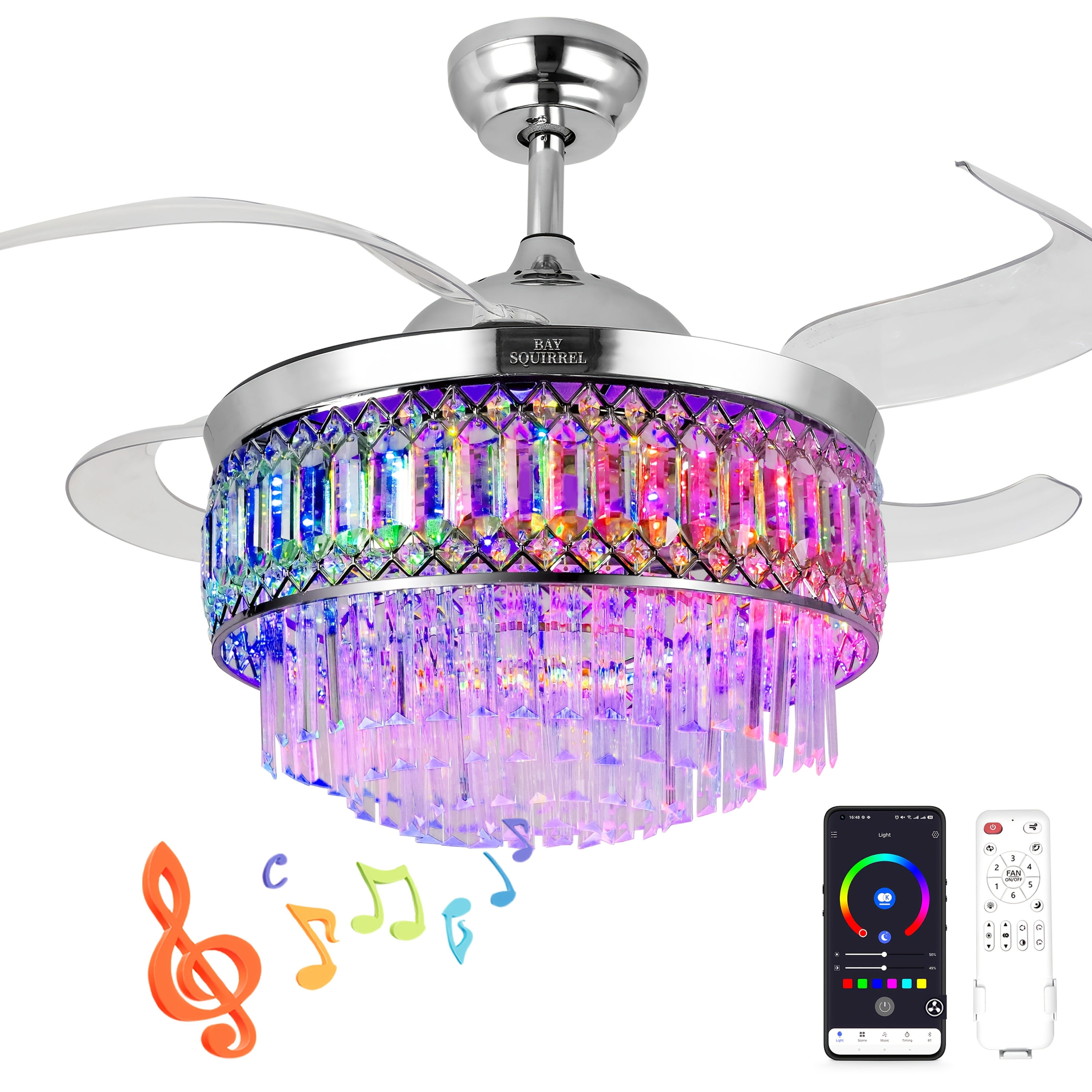 42" Smart Crystal Ceiling Fan Light Innovative RGB Colorful Light 6 Wind Speeds