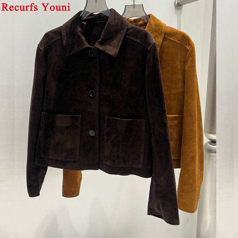 European Imported Kid Suede Leather Jacket for Woman High Grade Turn Down Collar