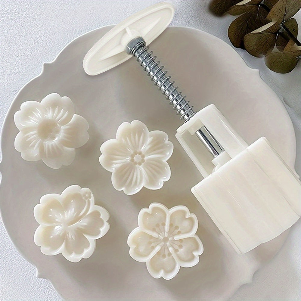 5pcs Flower Cookie Press Set - DIY Mooncake & Pastry Molds, ABS Plastic, Intrica