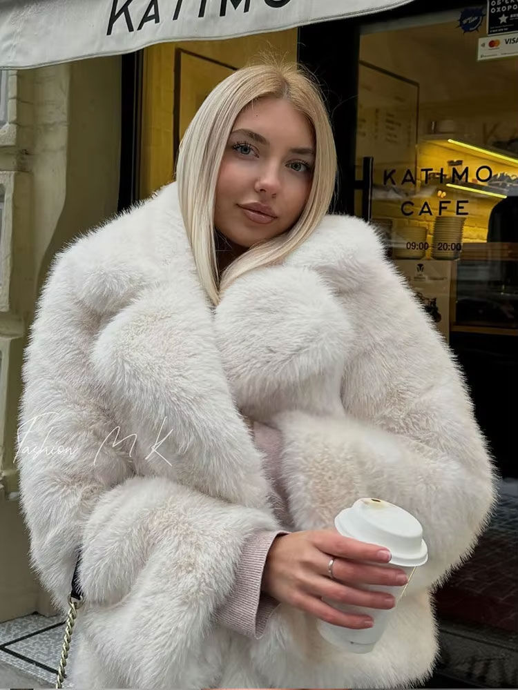 HH Female Elegant Solid 3-Color Faux Fur Effect Long Sleeve Cardigan Coat Winter