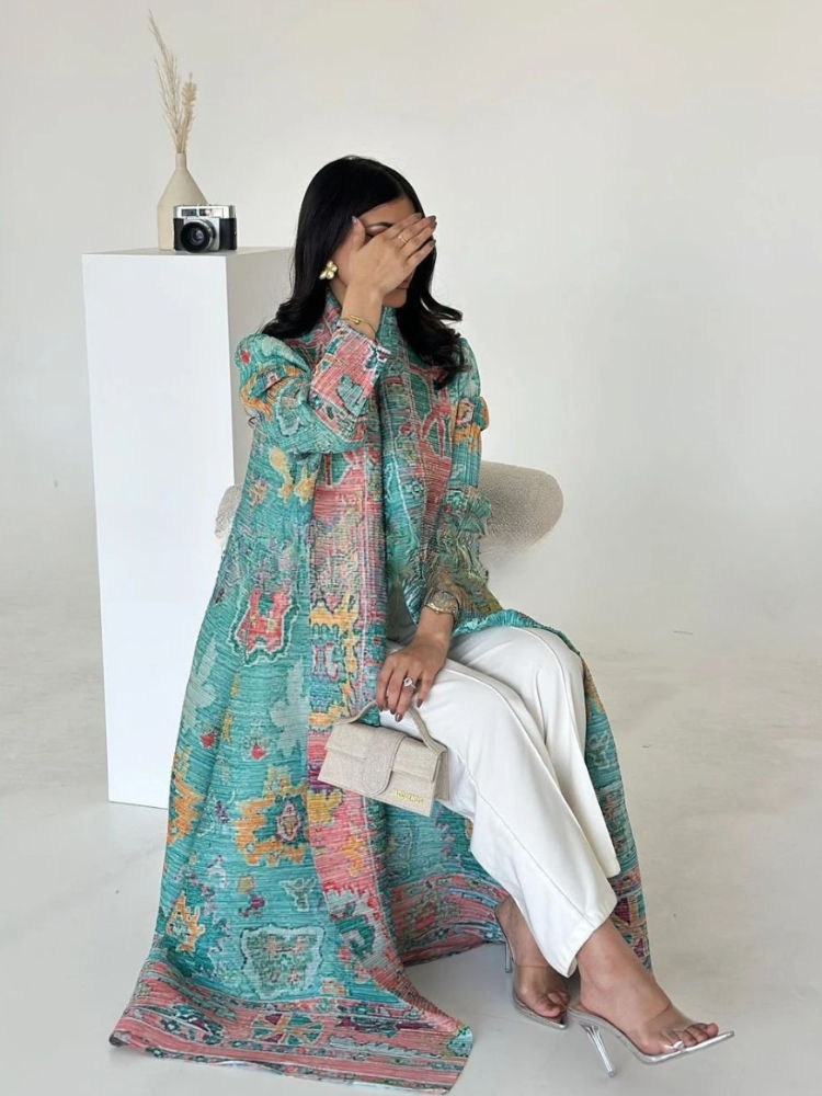 Muslim Dress Open Abaya for Women Pleated Stretch Maxi Dresses Cardigan Robe Pri