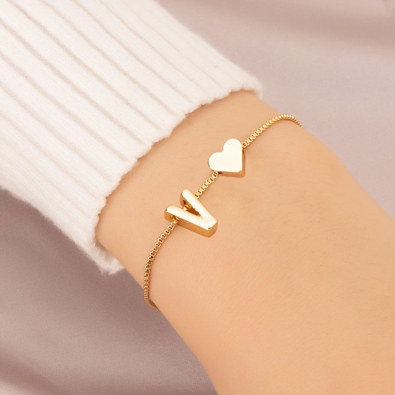 Thumbnail: Letter Mini Love Heart Thin Chain Bracelet Simple Minimalist Hand Chain Jewelry 