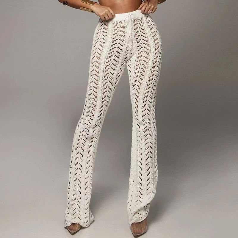 Hollow Out Knitted High Waist Sexy Women Pants Streetwear Crochet Y2k Wide Leg P