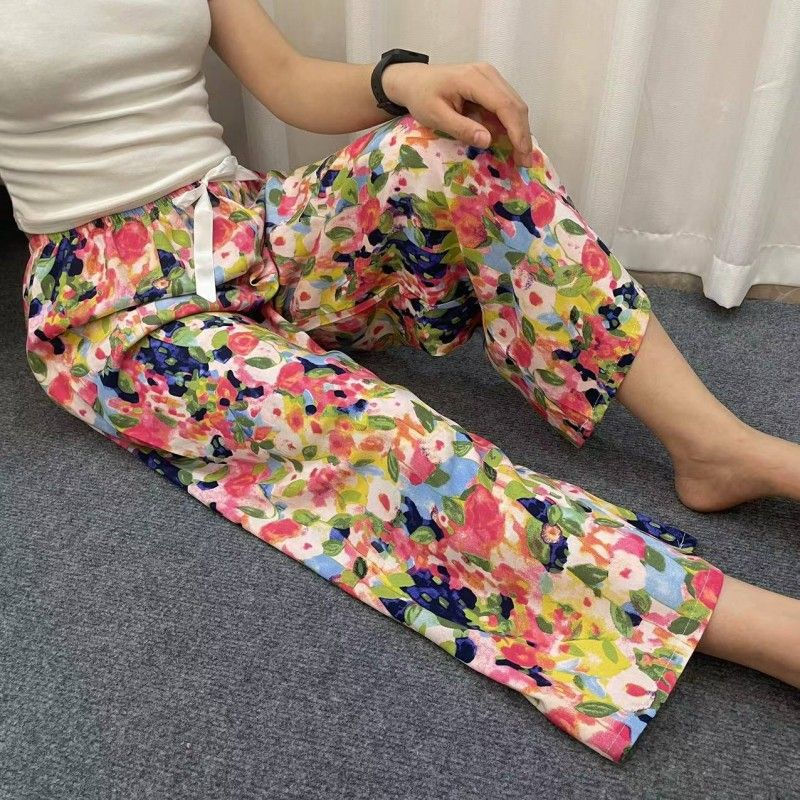 Women Sleep Trousers Casual Loose Cozy Pants Full Floral Print Pants Calf Length