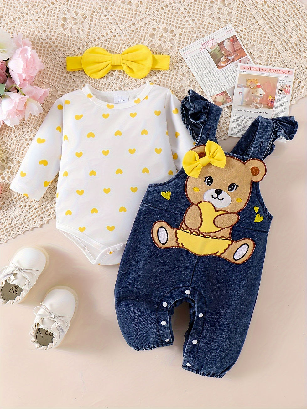 2pcs Infant & Toddler's Cute Bear Patchwork Denim Jumpsuit Outdoor Set, Cartoon