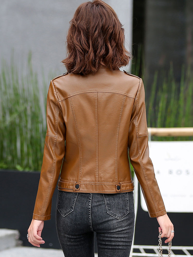 M-5XL New Women Leather Jacket Spring 2025 Fashion Solid Color Slim Short Sheeps