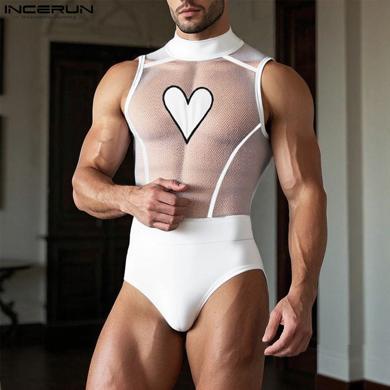 INCERUN Men Bodysuits Mesh Patchwork See Through O-neck Sleeveless Male Rompers