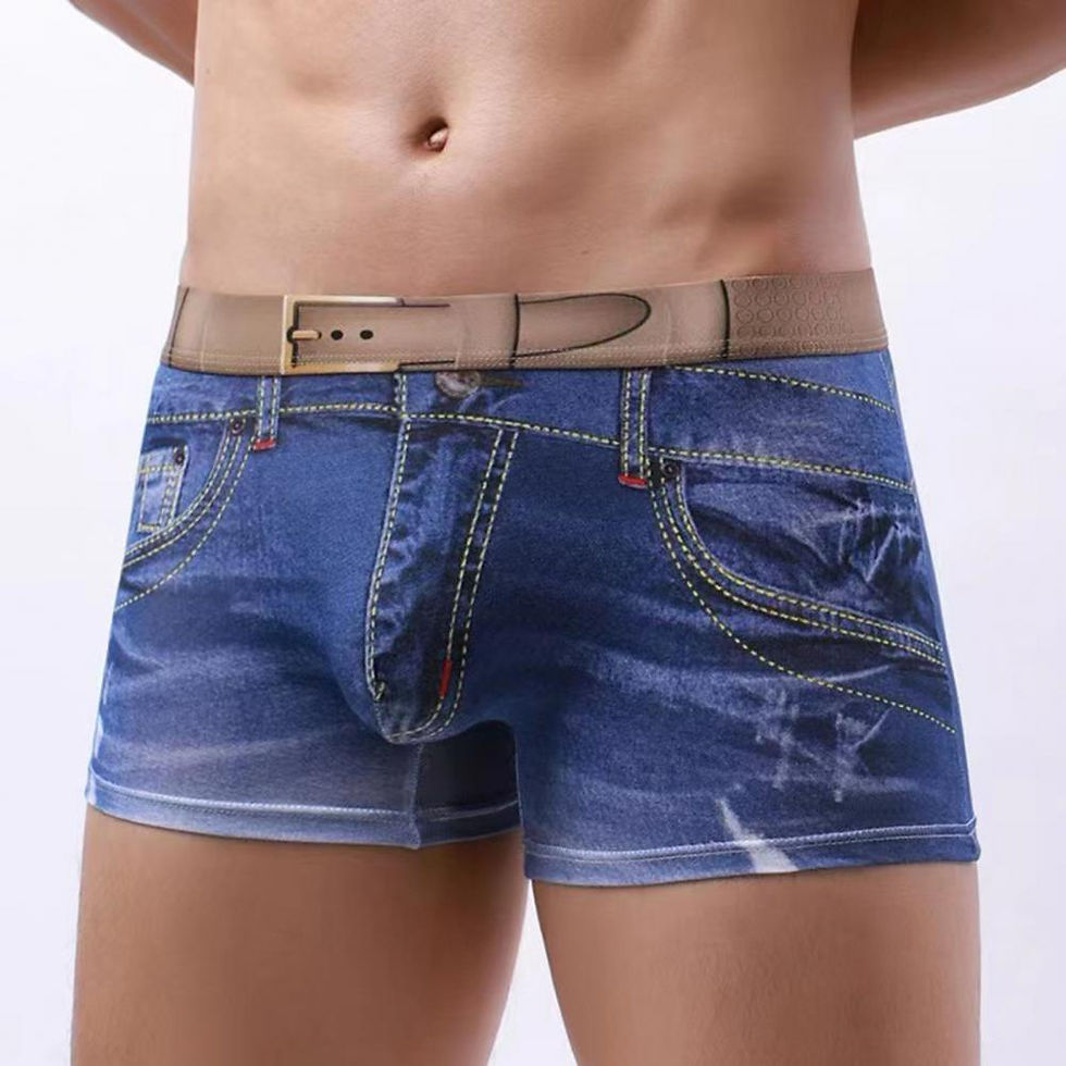 Men Boxer Underwear Imitation Jeans 3D Printed Boxer Briefs Mid-rise Elastic Wai