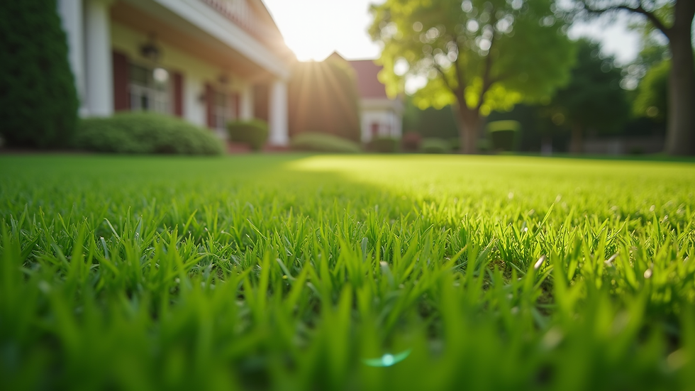 Eye-level view of a green lawn with freshly mowed grass