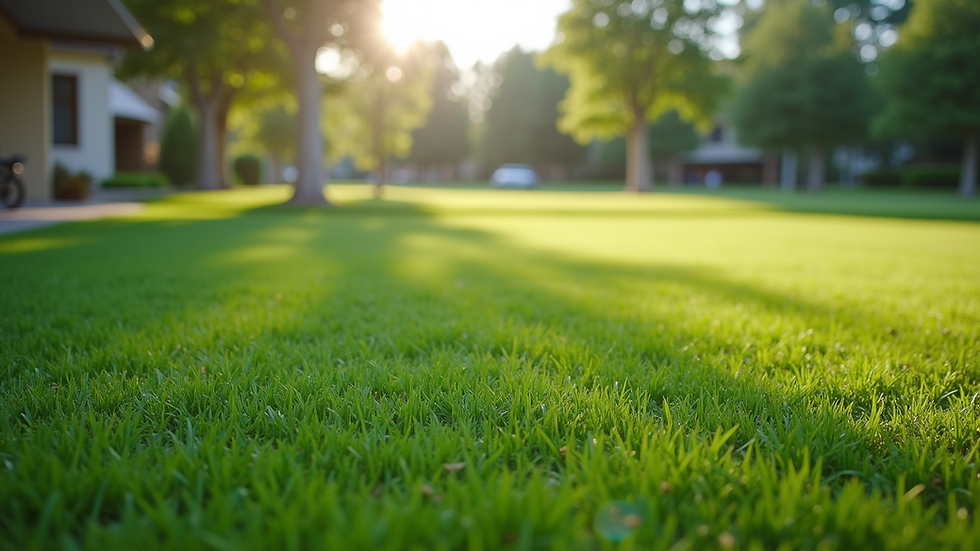 Eye-level view of a well-maintained commercial lawn with trimmed grass and clean edges