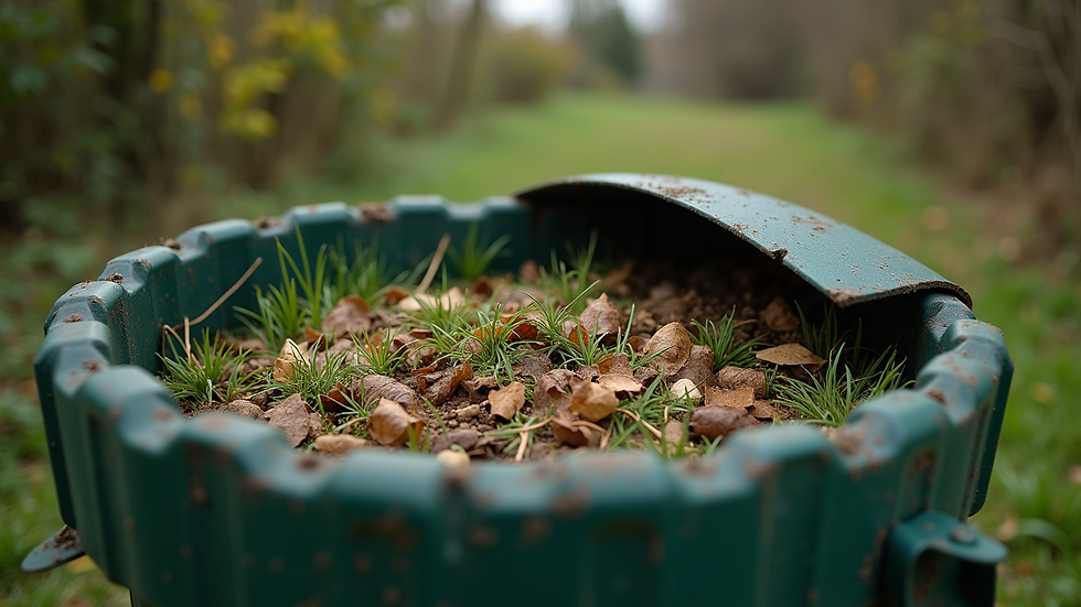 Eye-level view of a compost bin filled with leaves and grass clippings