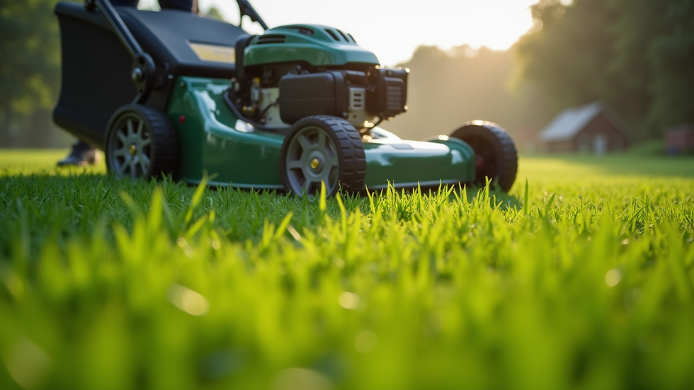 Close-up view of a professional lawn mower cutting green grass