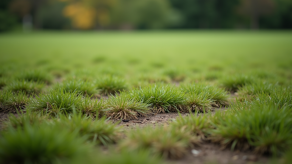 Eye-level view of patchy lawn with dead grass areas
