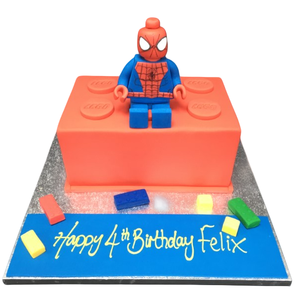 Bespoke LEGO Spiderman cake with vibrant red and blue icing, detailed web patterns, in Solihull, West Midlands.