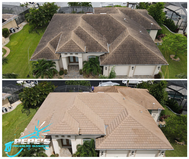 Before and After Tile Roof Sotwash Cleaning in Punta Gorda Florida from Pepe's Pressure Washing