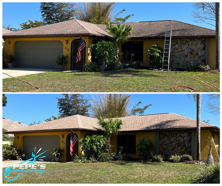 Before and after asphalt shingle roof cleaning in Punta Gorda Florida. Softwash Roof Cleaning: Pepe's Pressure Washing