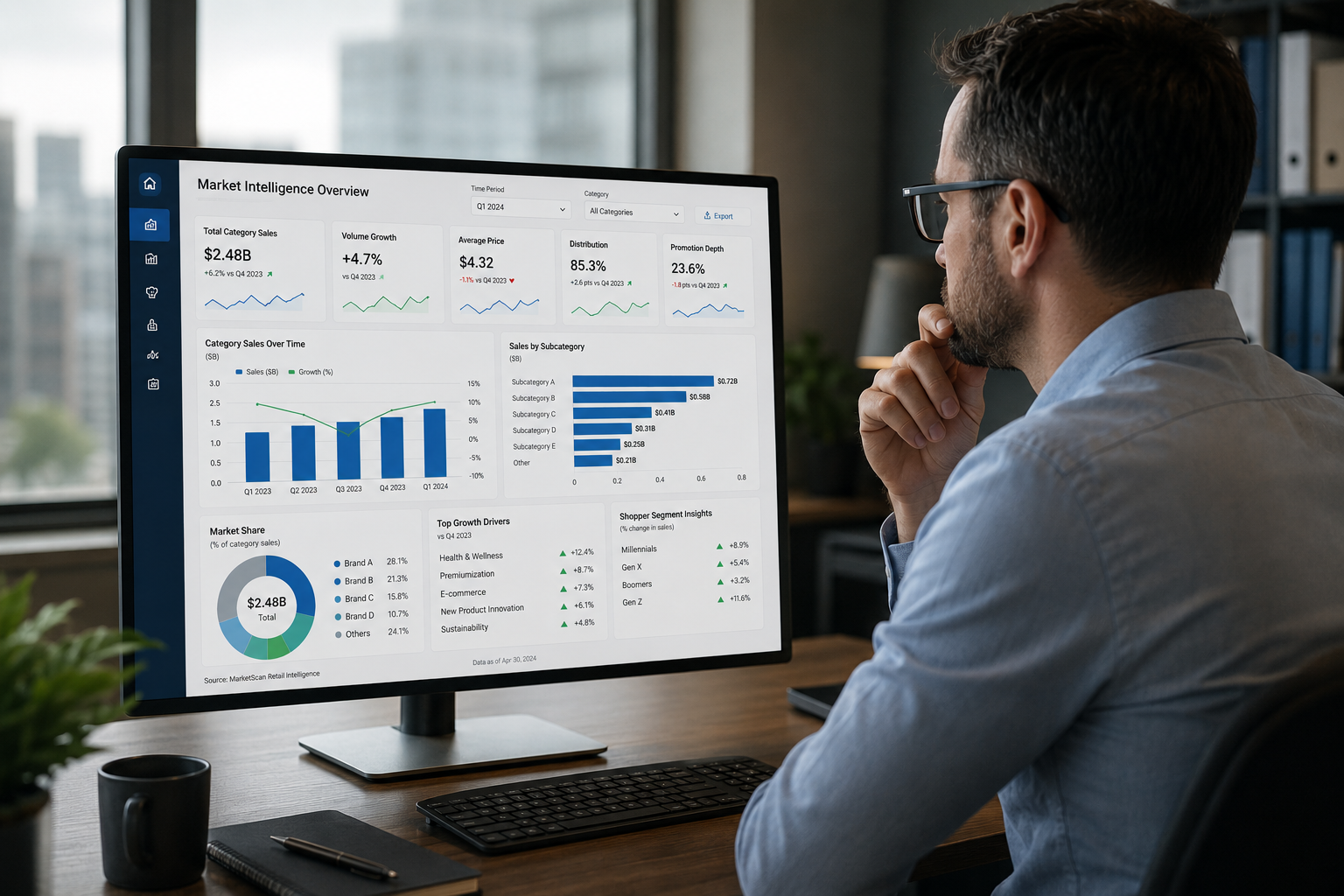 Business leader analyzing market research data and category performance.