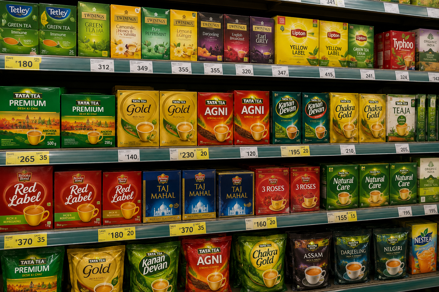 Tea category products in Indian retail stores used for market analysis.