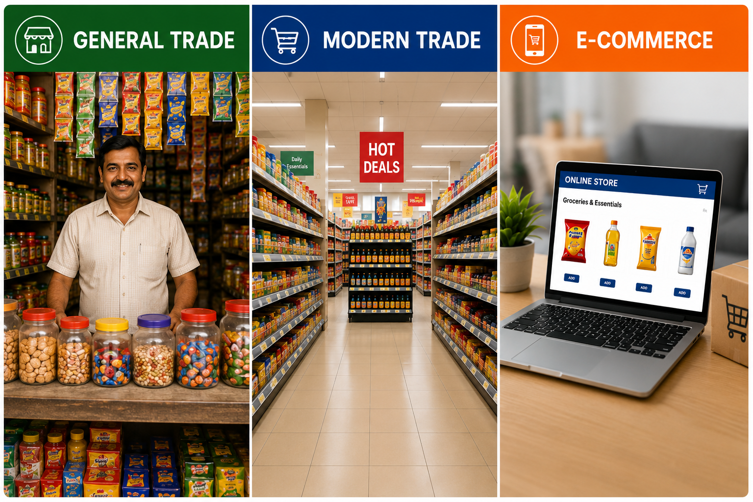 Comparison of retail channels including General Trade, Modern Trade, and E-commerce.