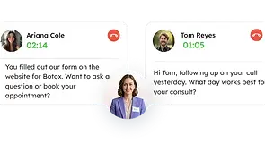 Screenshot of DIVA 360 AI follow-up calls to two leads, Ariana Cole and Tom Reyes, confirming interest in Botox and filler consultations
