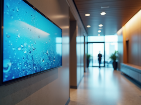 Eye-level view of a digital signage screen mounted in a corporate lobby