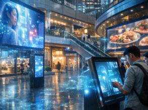 AI-powered digital signage Hong Kong with interactive kiosk and LED display in a futuristic shopping mall environment.