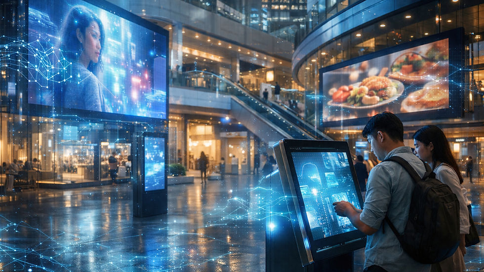 AI-powered digital signage Hong Kong with interactive kiosk and LED display in a futuristic shopping mall environment.