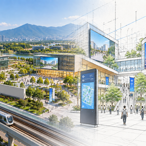 Modern university city transitioning from realistic architecture to architectural drawings, highlighting campus signage, LED video walls and digital signage systems.