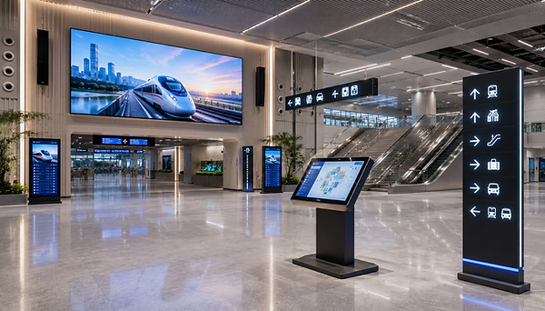 Railway station entrance with LED video wall, digital signage and interactive wayfinding systems