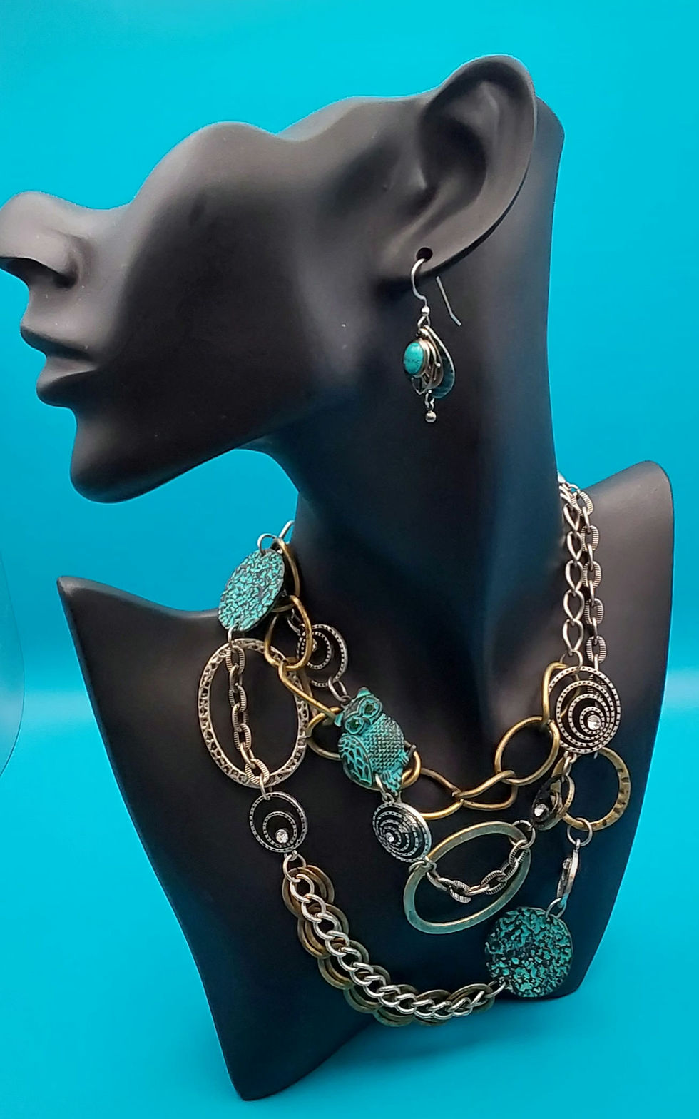 Thumbnail: 32 Inch Owl Chain & Turquoise Earring Set {551}