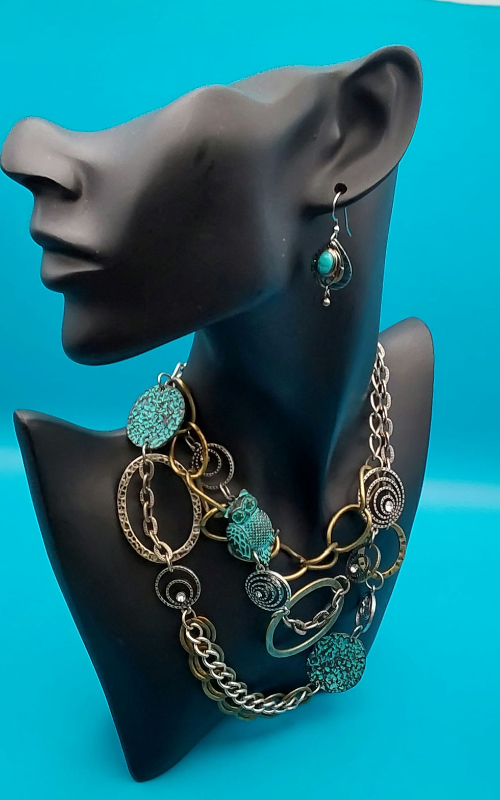Thumbnail: 32 Inch Owl Chain & Turquoise Earring Set {551}