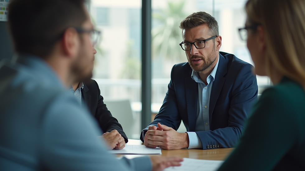 Close-up of a project manager calmly leading a team discussion