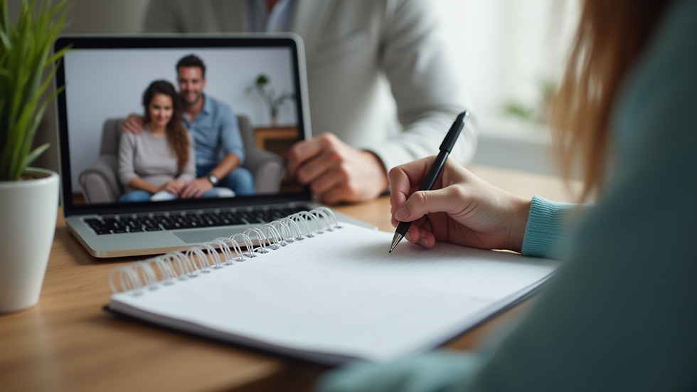 Close-up view of a therapist’s notebook and tablet during an online family counseling session