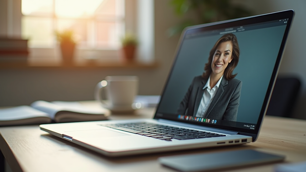 Eye-level view of a laptop on a desk with a virtual counseling session in progress