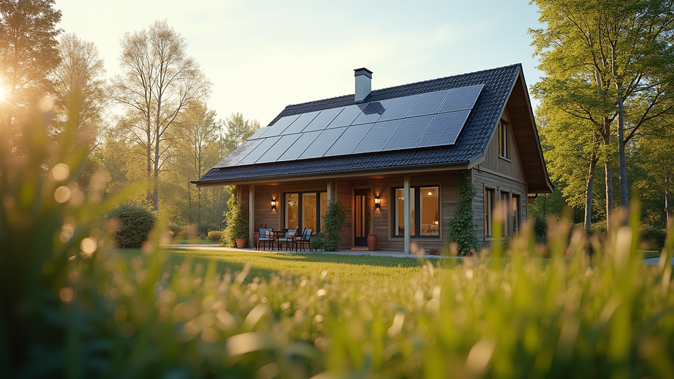 Eye-level view of a cozy, energy-efficient home with solar panels
