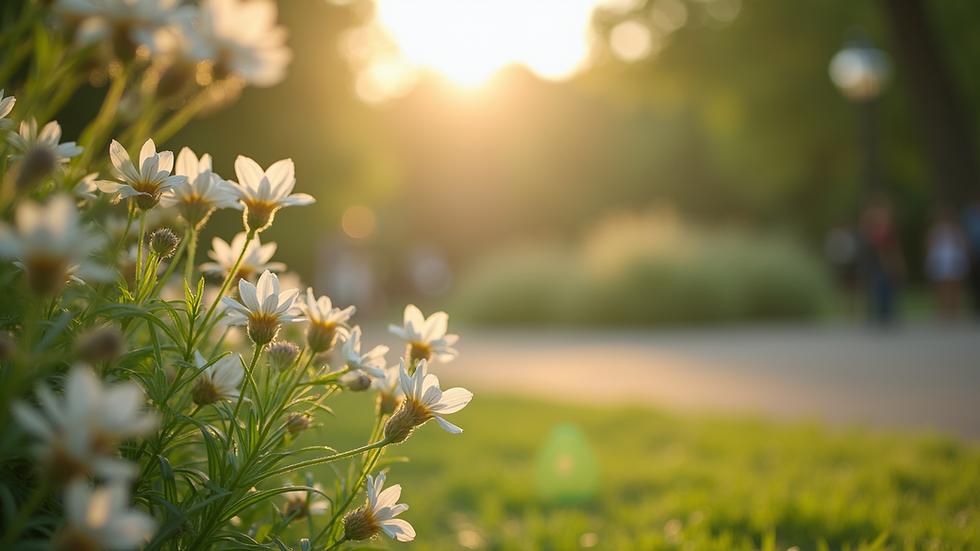 Eye-level view of a serene park with blooming flowers