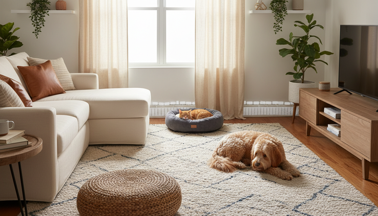 Wide-angle view of a cozy rental living room arranged safely for pets.