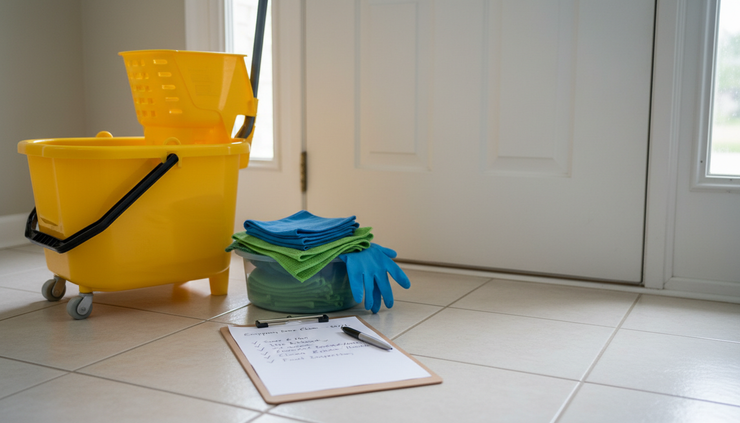 Close-up view of cleaning supplies beside a freshly cleared entryway