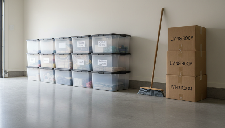 Close-up view of a clean garage with labeled storage bins and swept concrete floor