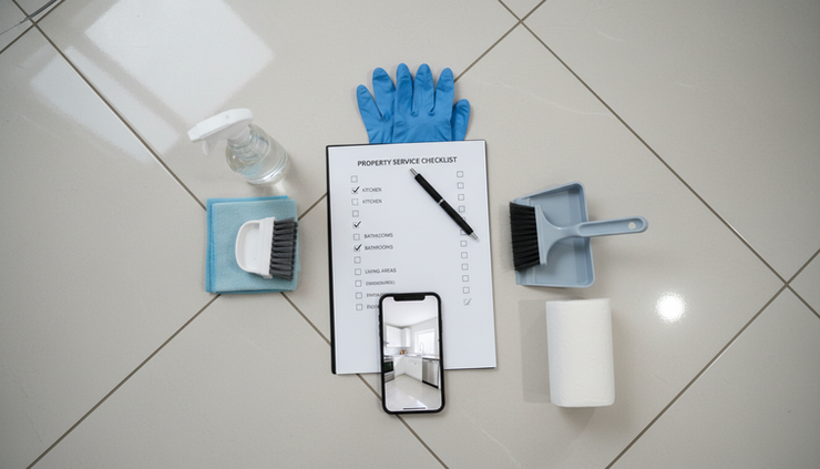 Overhead view of cleaning supplies and work gloves beside a completed checklist