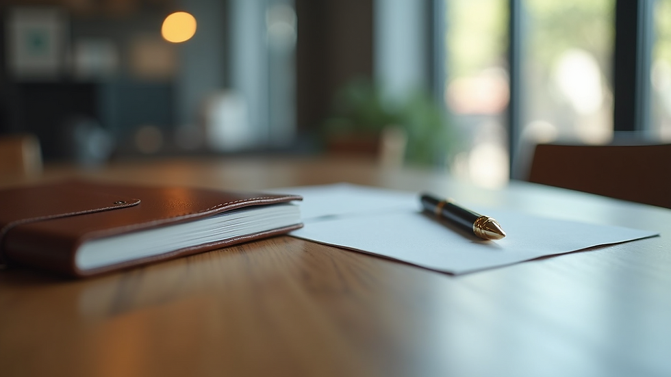 Eye-level view of a sleek modern office desk with a leather notebook and gold pen