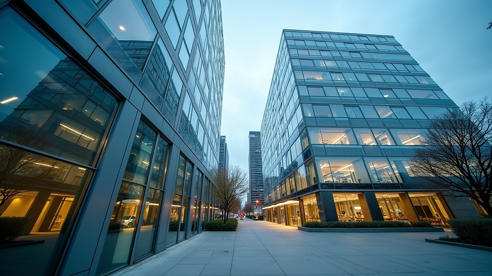 Eye-level view of a modern commercial building with glass facade