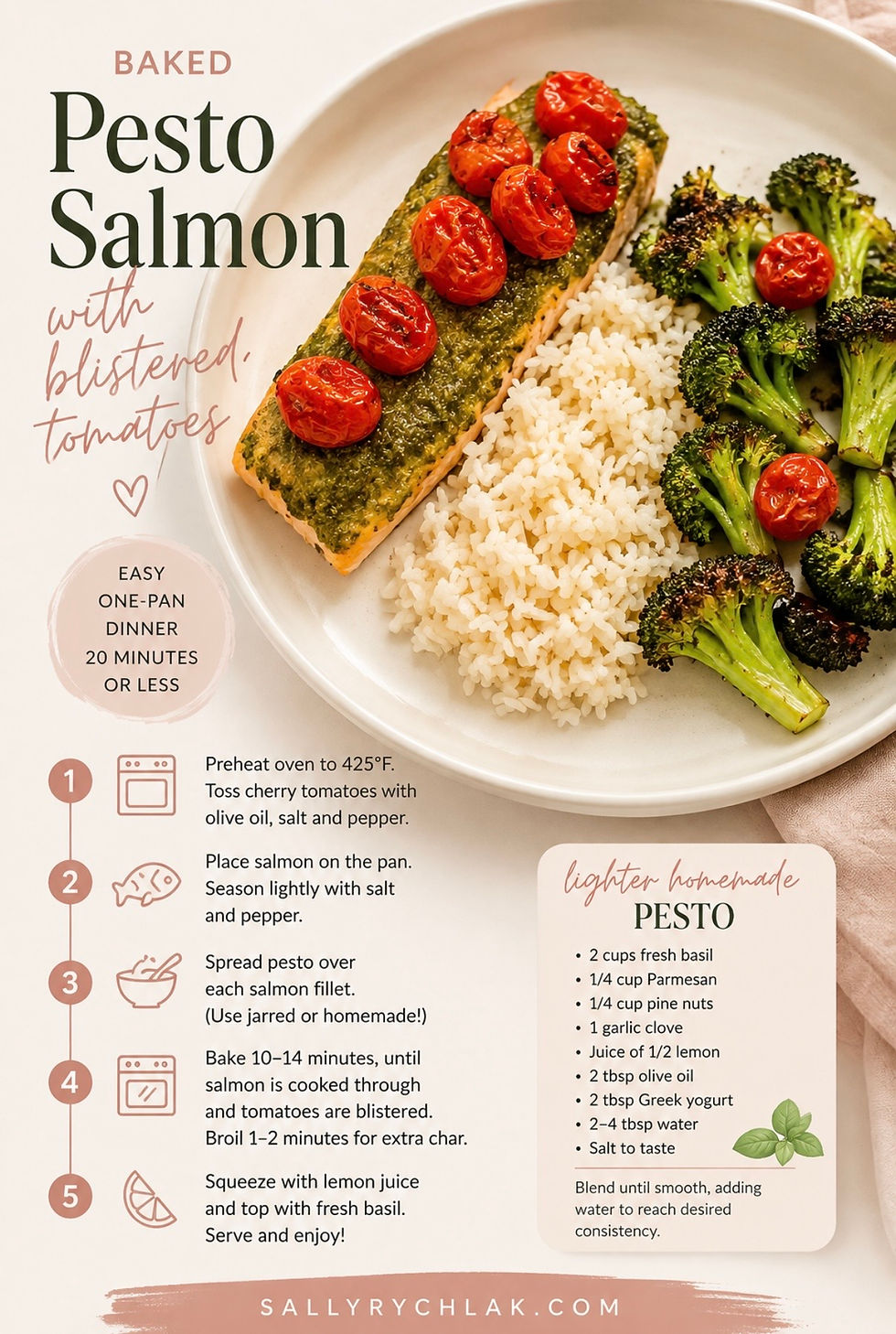 sally rychlak recipe for baked pesto salmon with blistered tomatoes, healthier style of pesto