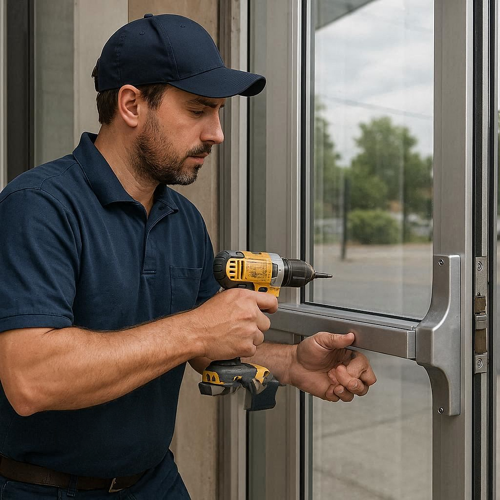 Man in green shirt and blue overalls installs a metal hinge on a wooden door with a screwdriver, focused in a workshop setting.
