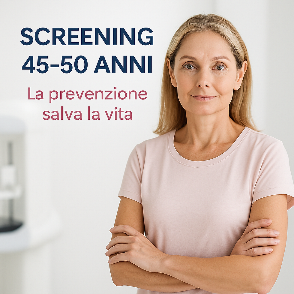 Donna tra i 45 e i 50 anni in ambiente clinico con braccia incrociate e sguardo sereno, accanto al testo "Screening 45-50 anni – La prevenzione salva la vita", promuove la mammografia gratuita per la diagnosi precoce del tumore al seno.