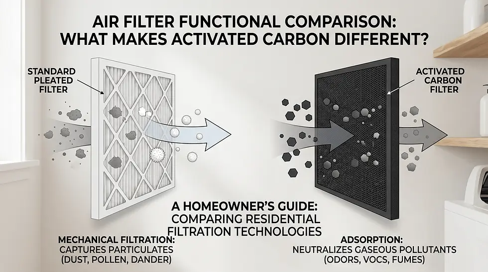 An image of a standard pleated filter and activated carbon filter comparison showing how activated carbon enhances air filters by trapping odors and pollutants.